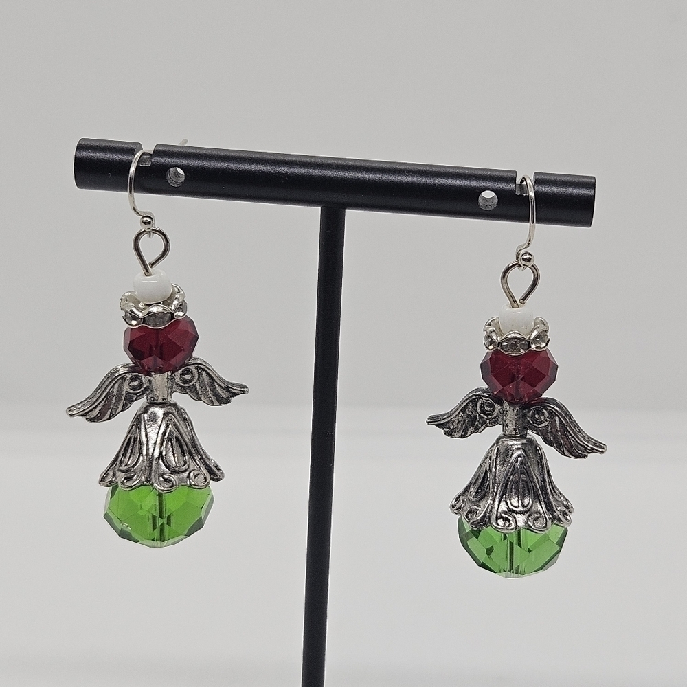 beaded angel drop earrings red green silver christmas
